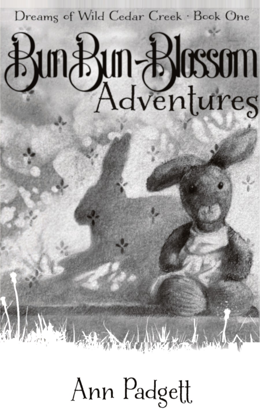 Cover of BunBun-Blossom Adventures: a toy bunny sitting in the grass beside the shadow of a wild rabbit